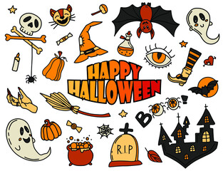 Happy Halloween doodle color clipart set.  Digital hand drawn sketched