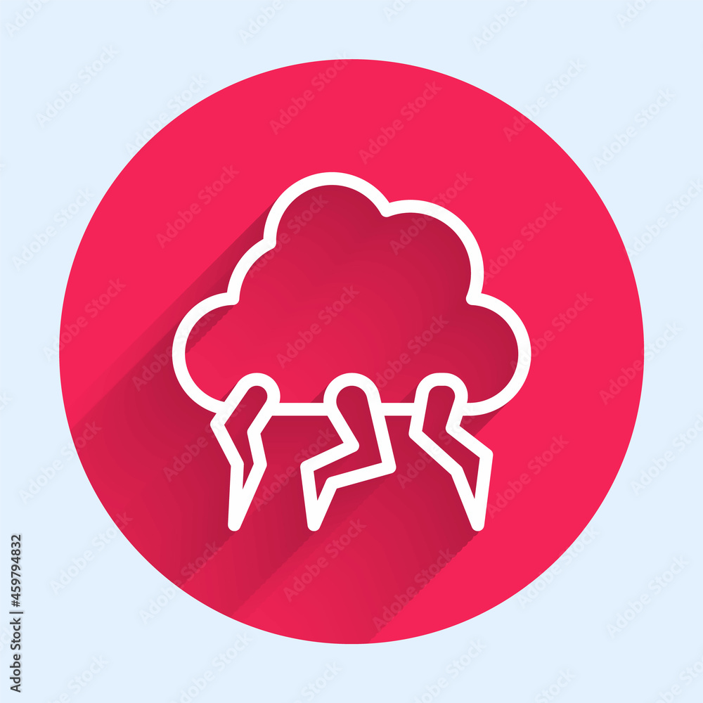 Poster white line storm icon isolated with long shadow. cloud and lightning sign. weather icon of storm. re