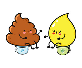 Cute, funny happy drop of urine and turd character. Vector hand drawn cartoon kawaii characters, illustration icon. Funny cartoon drop of urine and turd friends concept