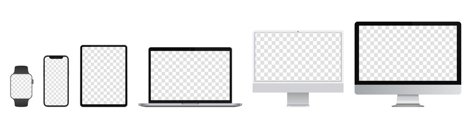 Device screens mockups. Monitor (classic and NEW), Laptop thin, tablet pro, smartphone and watch with blank screens for you design. Realistic vector illustration