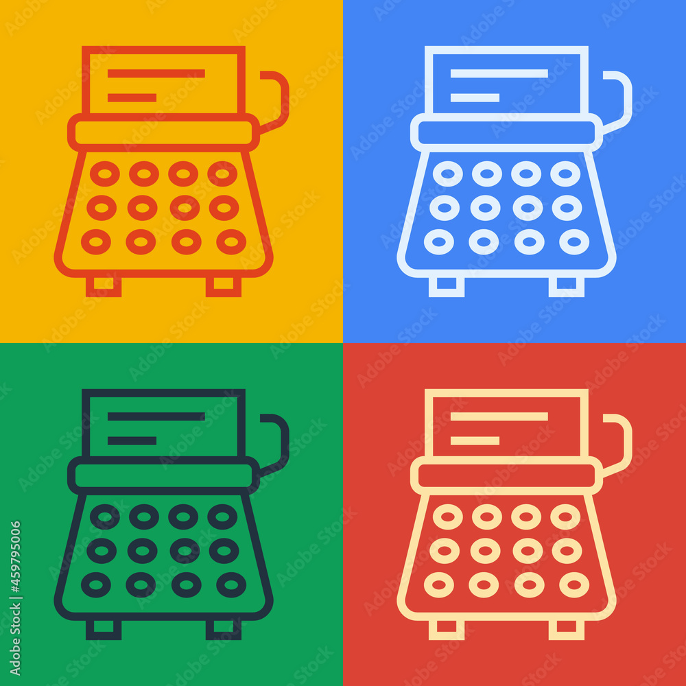 Poster pop art line retro typewriter and paper sheet icon isolated on color background. vector