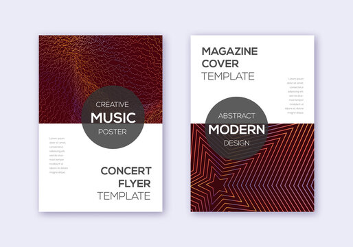 Modern cover design template set. Orange abstract lines on wine red background. Exotic cover design. Classy catalog, poster, book template etc.