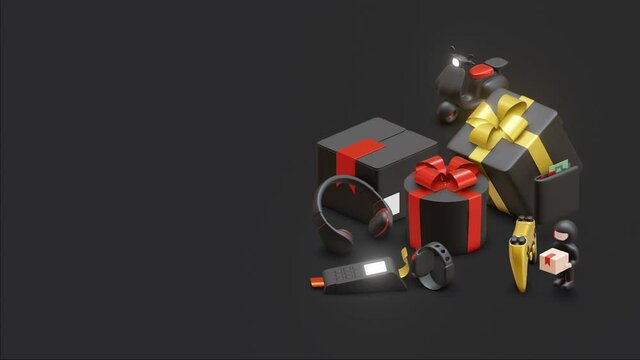 3D Rendering Animation of Black Friday Objects, such as scooter, courier, gift, package, headphone, EDC, Game controller, and wristwatch