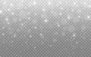 Snow texture. Christmas backdrop. Falling defocused snowflakes on transparent background. Realistic snow flakes. Winter effect for greeting card. Vector illustration