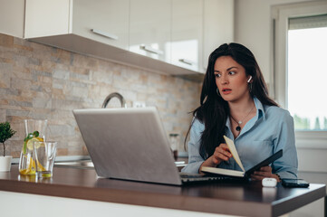 Businesswoman using laptop and a business planner while working from home