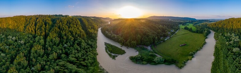 Ammer, Fluss, Oberbayern, Drohnenaufnahme, Hochwasser, Panorama, Deutschland