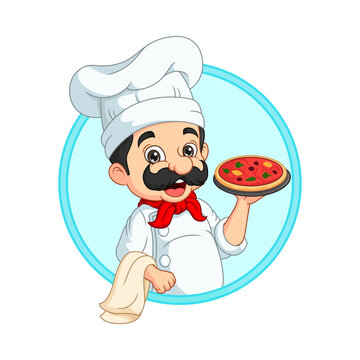 Cartoon italian chef holding a tray with pizza