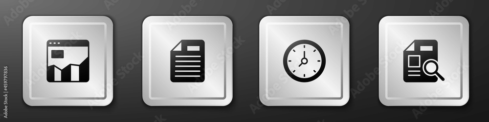 Poster set graph chart infographic, file document, clock and document with icon. silver square button. vect
