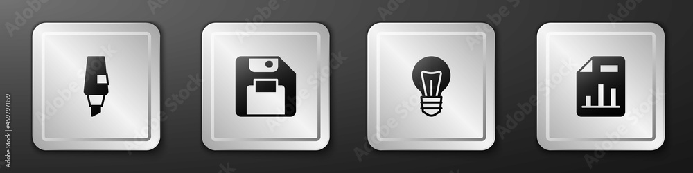 Poster set marker pen, floppy disk, light bulb and document with graph chart icon. silver square button. ve