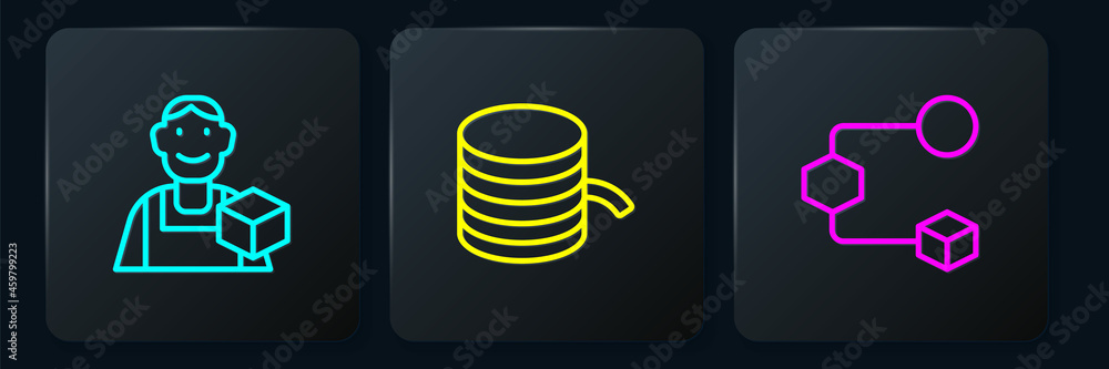Aufkleber set line graphic designer, isometric cube and filament for 3d printer. black square button. vector