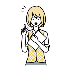 立って書類を手に持って何かひらめいた事務員制服の女性