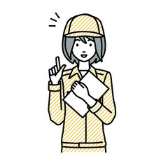 立って書類を手に持って何かひらめいた作業員の女性