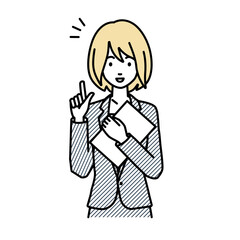 立って書類を手に持って何かひらめいたスーツの女性