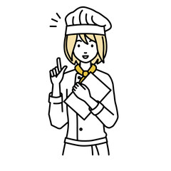 立って書類を手に持って何かひらめいた調理師の女性