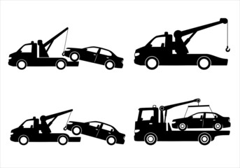 Fototapeta na wymiar Tow truck city road assistance service evacuator. Towing car icon collection with black and flat design. Parking violation. Sign of a tow truck.