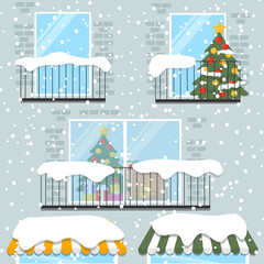 Fototapeta premium Winter exterior vector illustration. Beautiful building in snowfall. Colourful illustration in flat style.