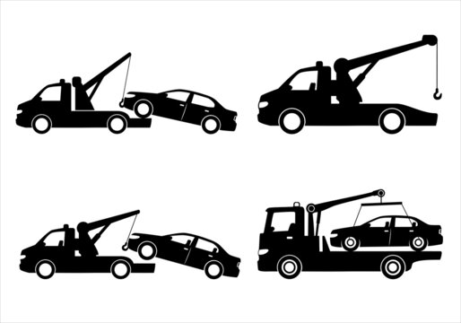 Tow truck city road assistance service evacuator. Towing car icon collection with black and flat design. Parking violation.  Sign of a tow truck.