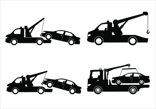 Tow truck city road assistance service evacuator. Towing car icon collection with black and flat design. Parking violation.  Sign of a tow truck. Vector illustration EPS 10
