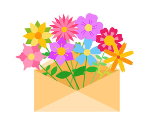 Envelope letter mail with spring and summer flowers flat vector illustration isolated on white background. Hello spring and flower delivery concept. Happy Valentines Day. International Womens Day