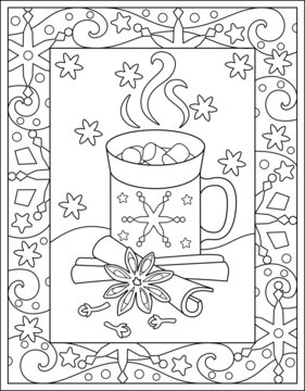 Christmas winter coloring antistress with hot drink with marshmallows. Vertical vector coloring with zentangles with a cup of coffee and spices. Outline. Cinnamon, star anise and cloves