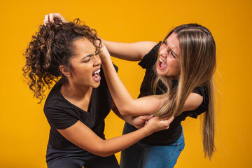 Blonde and afro fighting unhappy pulling each other's hair