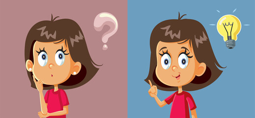 Little Girl Having a Question Finding the Answer Vector Cartoon