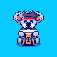 cute koala halloween pirate carrying treasure chest
