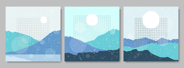 Vector illustration landscape. Mountain peak, hills. Line grid pattern. Sunshine scene background. Polygonal shape style. Design for web banner, social media template. Winter cold snowy season