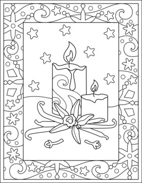 Christmas winter coloring antistress with candles, vanilla and stars. Vertical vector coloring with zentangles with candles and spices. Outline. Vanilla pods and flower and carnation