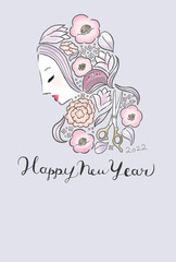 2022年　美容院年賀状イラストデザイン お花と女性