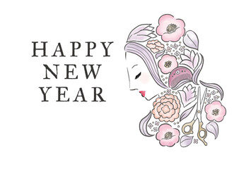 2022年　美容院年賀状イラストデザイン お花と女性