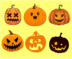 Pumpkin Halloween Objects Signs Symbols Vector Illustration Abstract With Yellow Background