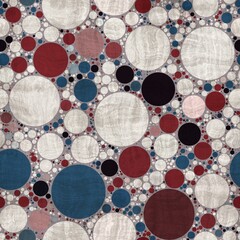 Seamless pattern of red white and blue circles packed tightly into sophisticated print. High quality illustration. Classy polka dot globe motif graphic design. Stylish elegant geometric orb material