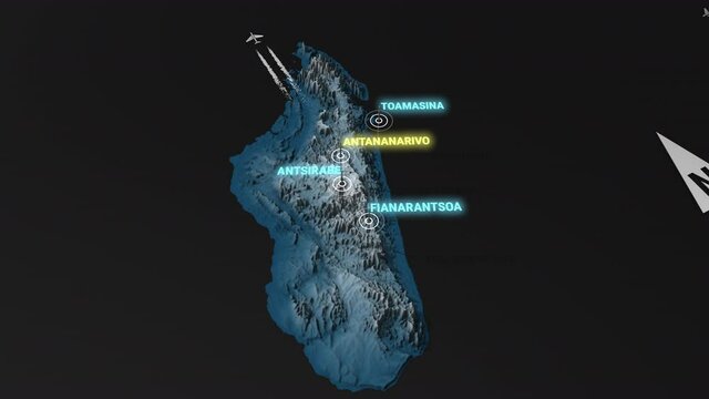 Seamless looping animation of the 3d terrain map at nighttime of Madagascar with the capital and the biggest cites in 4K resolution
