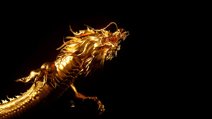 3D rendering of golden chinese glow dragon isolated on black background