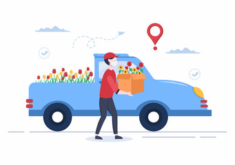 Flower Delivery Service Online Business with Courier Holding a Flowers Order Bouquet Using Trucks, Cars or Motorbikes. Background Vector Illustration