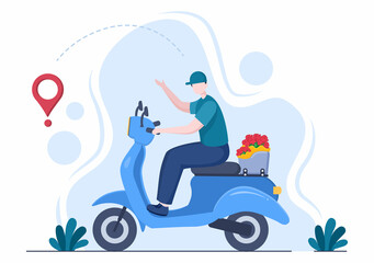 Fototapeta na wymiar Flower Delivery Service Online Business with Courier Holding a Flowers Order Bouquet Using Trucks, Cars or Motorbikes. Background Vector Illustration