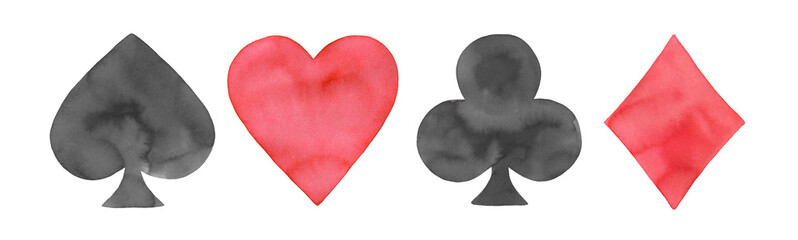 Watercolor illustration set of playing cards suits: spades, hearts, clubs and diamonds. Handdrawn water color red and black drawing on white background, cutout clip art elements for design decoration. - 459805682
