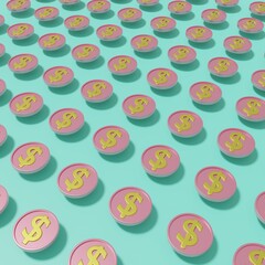 Floating 3D coins on blue background