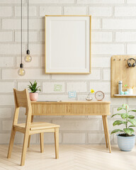 Interior of living room with mockup frame on work table,white brick wall.
