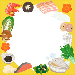かわいい絵本タッチの美味しいお鍋とたくさんの具　正方形　黄色ver