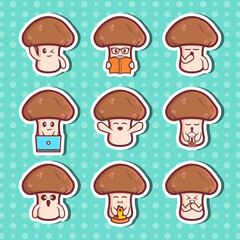 Cute mushrooms character sticker collection set illustration Vector