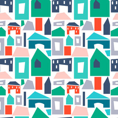 Pattern with abstract houses. City landscape. Vector drawing on a white background. For prints, fabric, scrapbooking, flyers, brochures and covers.