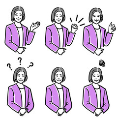シニア　女性　表情　線画　上半身　セット