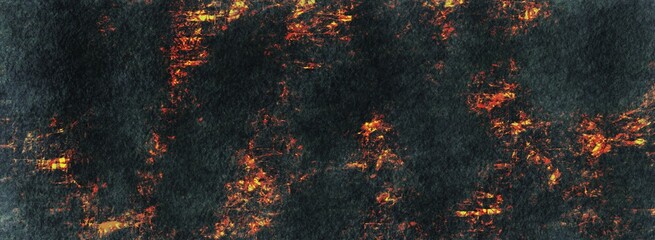 Abstract dark black grunge textured fire orange background,. Burnt crackle texture.