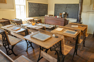 Classroom inside old one-room schoolhouse - 459807869