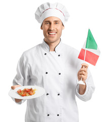 Handsome chef holding plate with delicious pasta and flag of Italy on white background