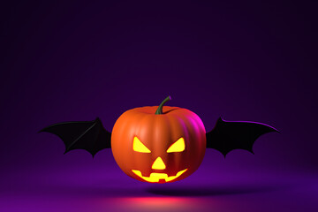 Naklejka premium Halloween Pumpkin with bat wings on purple background. 3d rendering