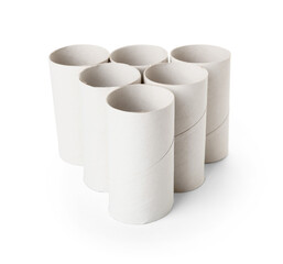 Empty cardboard toilet paper tubes on white background