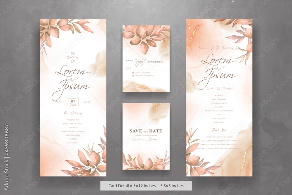 Wall mural set of elegant watercolor foliage wedding invitation card